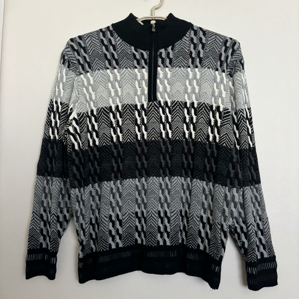 Vintage F/X Fusion 3D Sweater Coogi Style Sz Large Black Gray White Quarter Zip